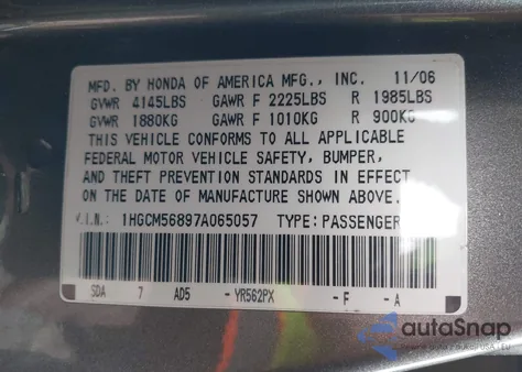 2007 Honda Accord 2.4 Ex from USA, damaged, VIN 1HGCM56897A065057